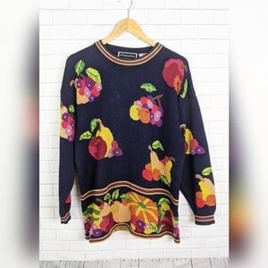 Christine Foley Sweater Womens M Blue Fruit Knit Quiet Luxury Granny chic Warm